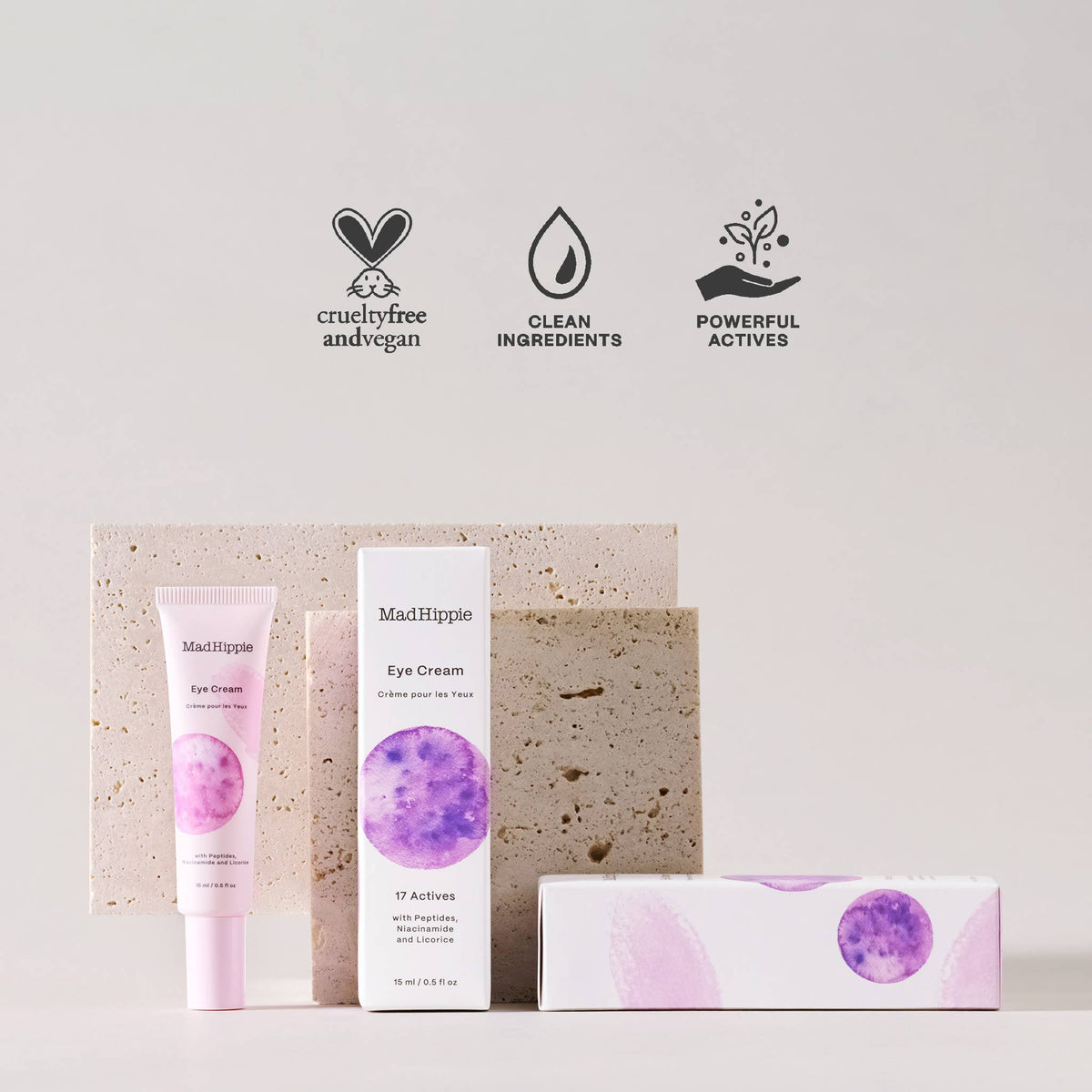 Mad Hippie eye cream with packaging and branding elements on a light background