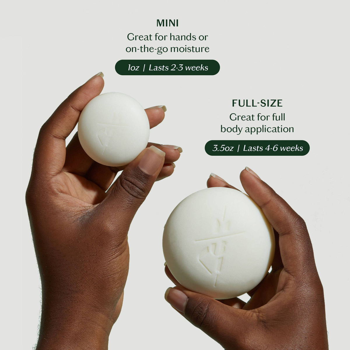 Two hands holding a mini and full-size product with text on a light gray background