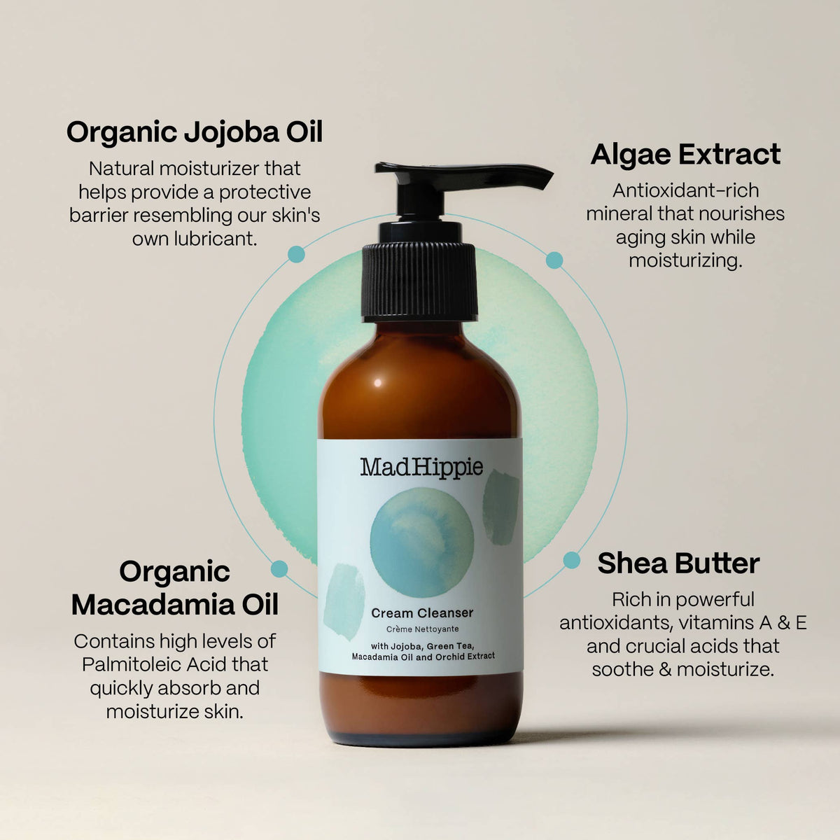 Mad Hippie cream cleanser with ingredients listed on a beige background