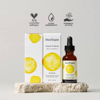 Mad Hippie Vitamin C Serum with packaging and icons indicating cruelty-free, clean ingredients, and powerful actives on a light gray background.
