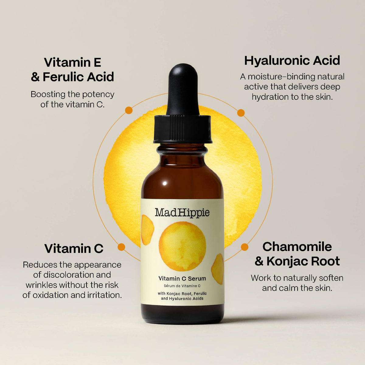 Mad Hippie Vitamin C Serum bottle with text about ingredients on a beige background