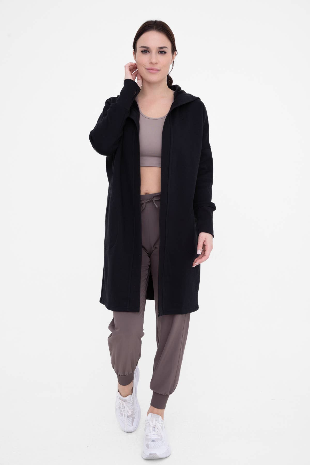 Open Front Longline Hoodie Cardigan with Fleece Lining