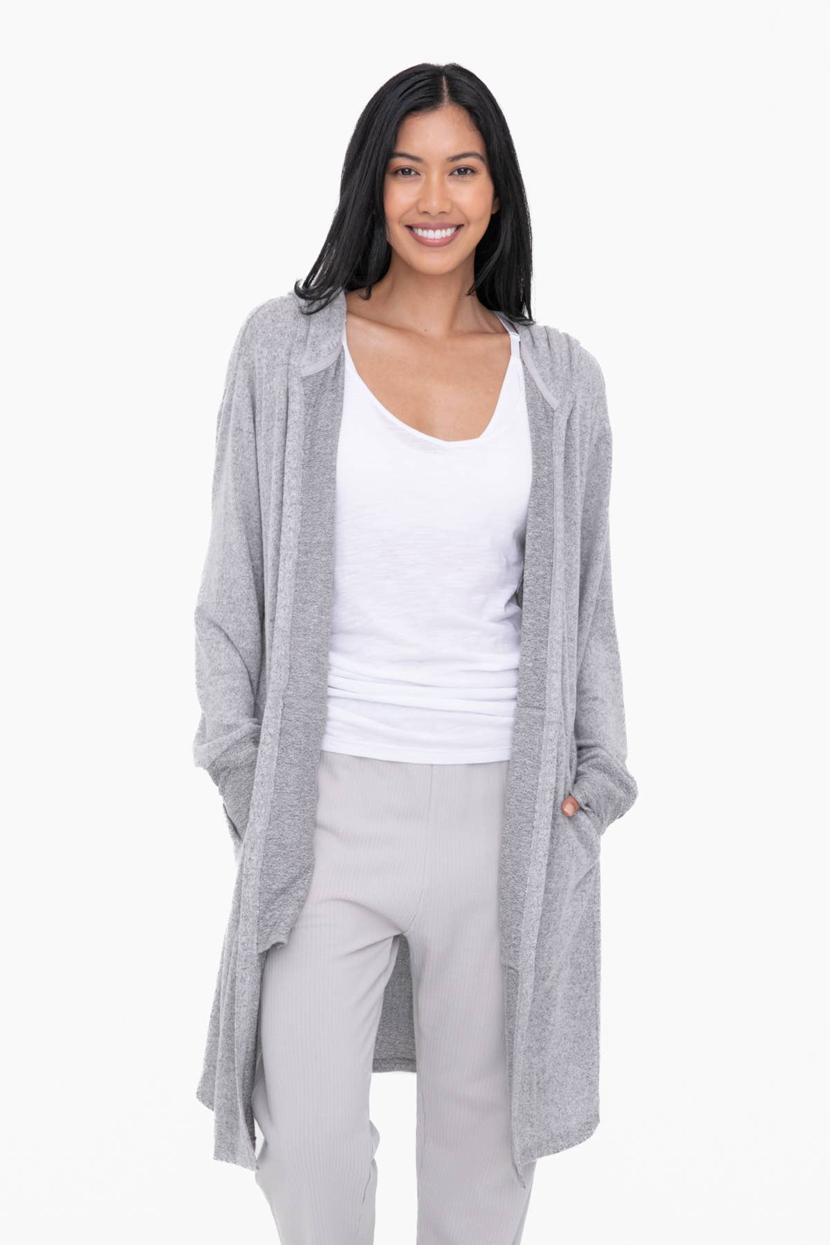 Mono B Open Front Hooded Cardigan with Pockets