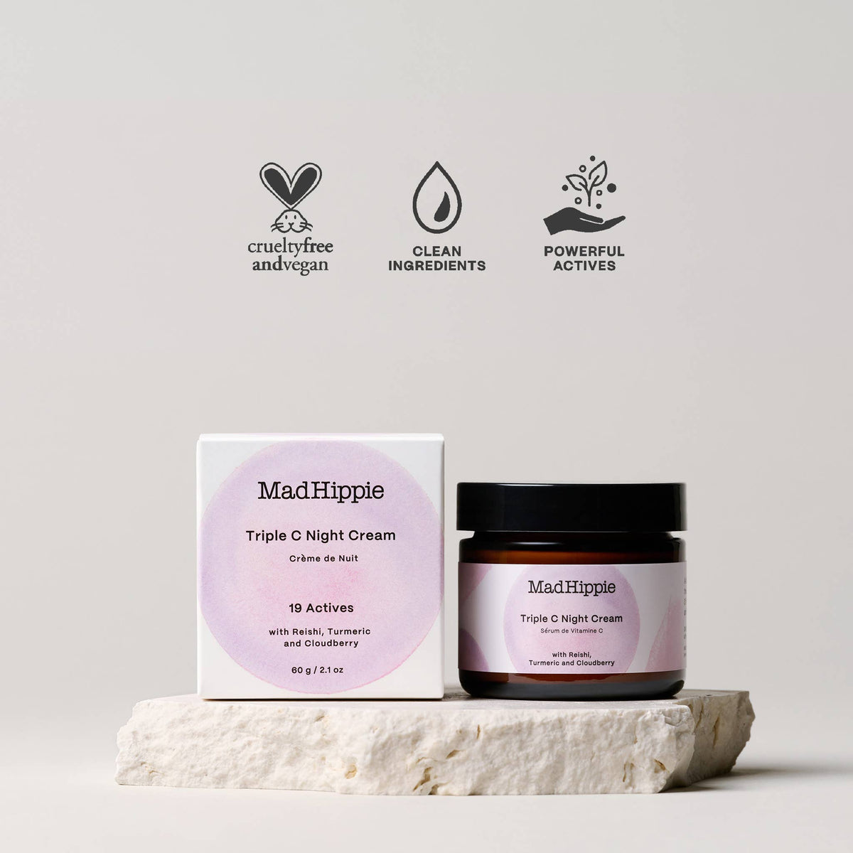 MadHippie Triple C Night Cream with packaging on a light gray background