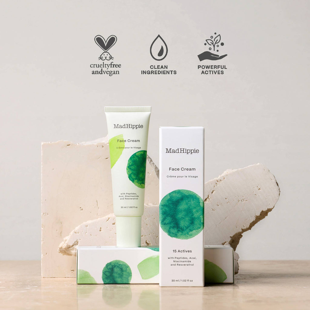 Mad Hippie Face Cream packaging with icons for cruelty-free, clean ingredients, and powerful actives on a neutral background.