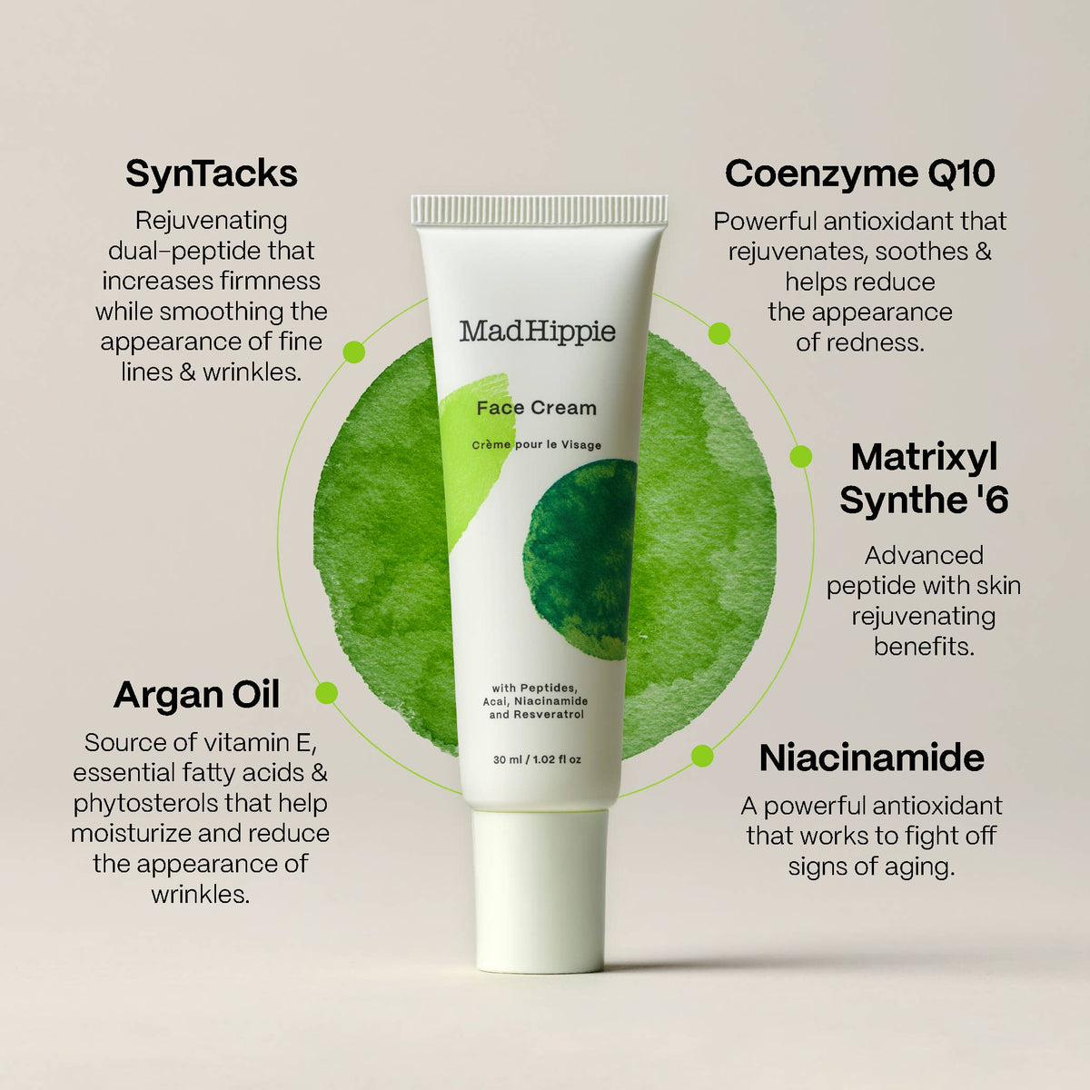 MadHippie Face Cream with ingredients listed on a beige background