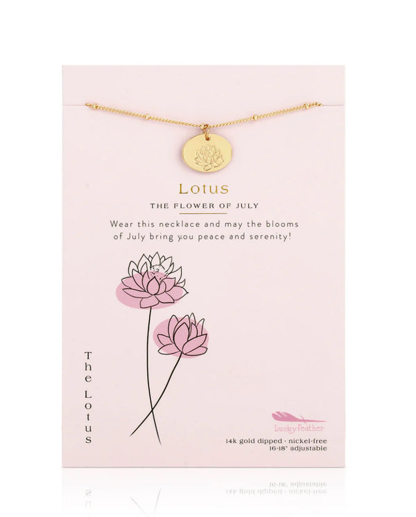 Lucky Feather Birth Flower Necklace - Lotus (July)