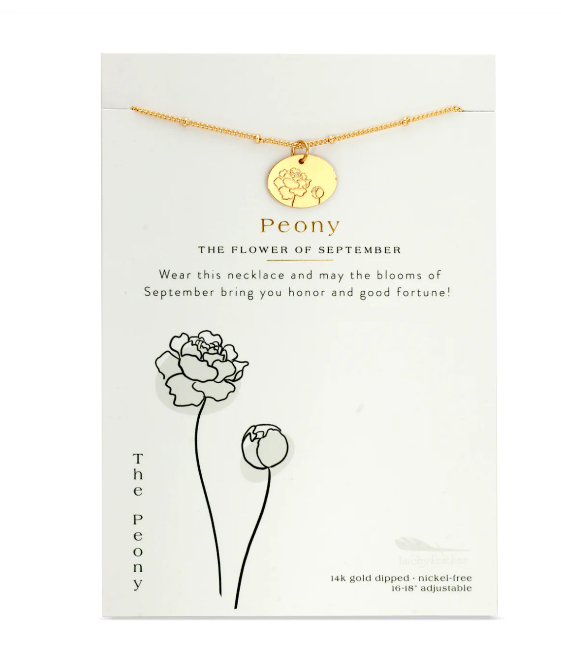 Lucky Feather Birth Flower Necklace - Peony (September)