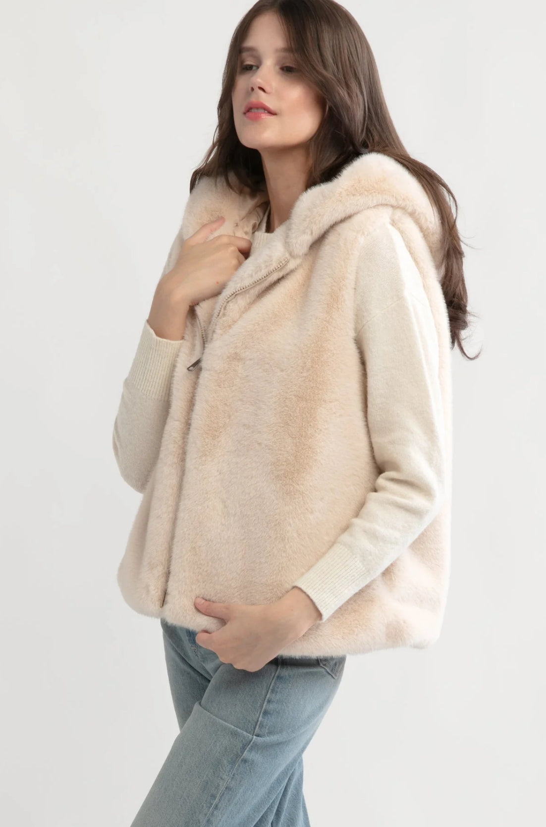 Look By M Zip Up Fur Hooded Vest