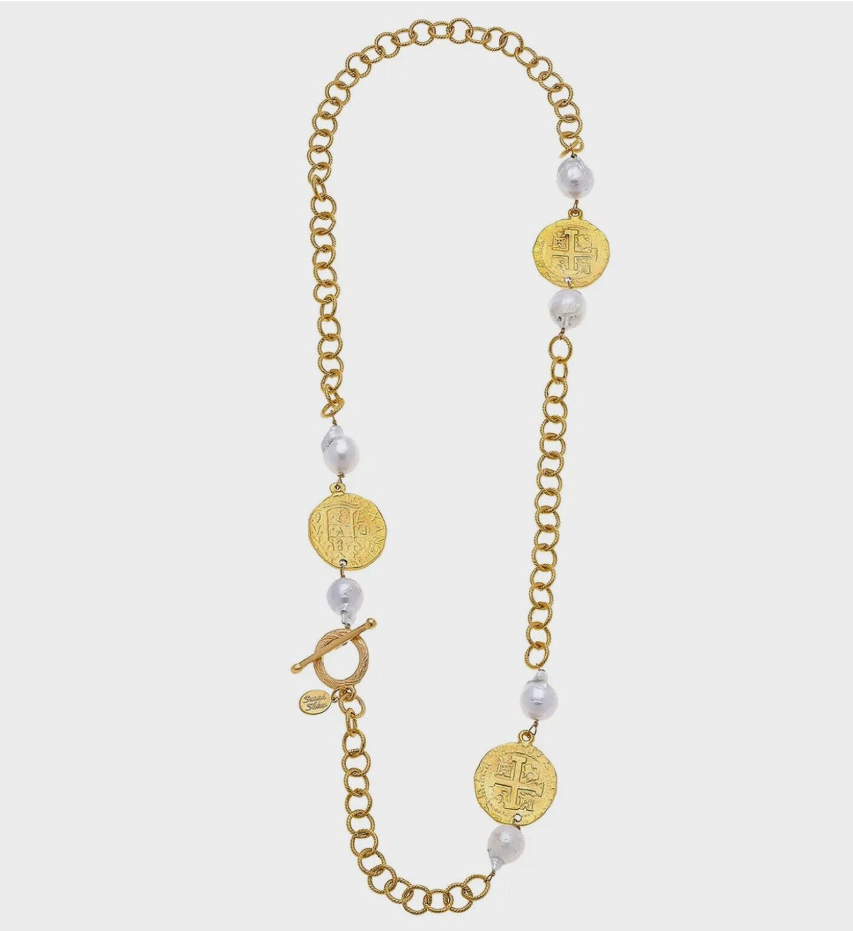 Susan Shaw Cross Coin + Pearl Toggle 30” Necklace