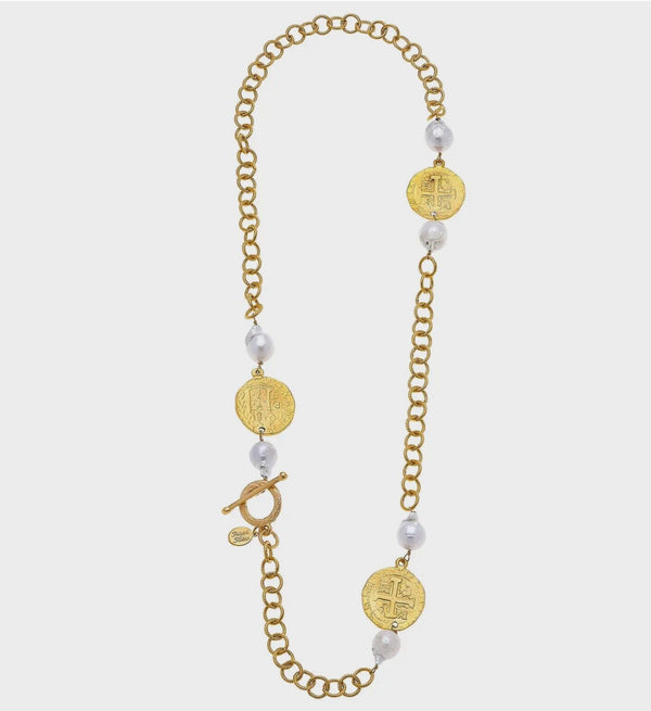 Susan Shaw Cross Coin + Pearl Toggle 30” Necklace