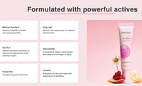Skincare product with ingredients listed on a pink background