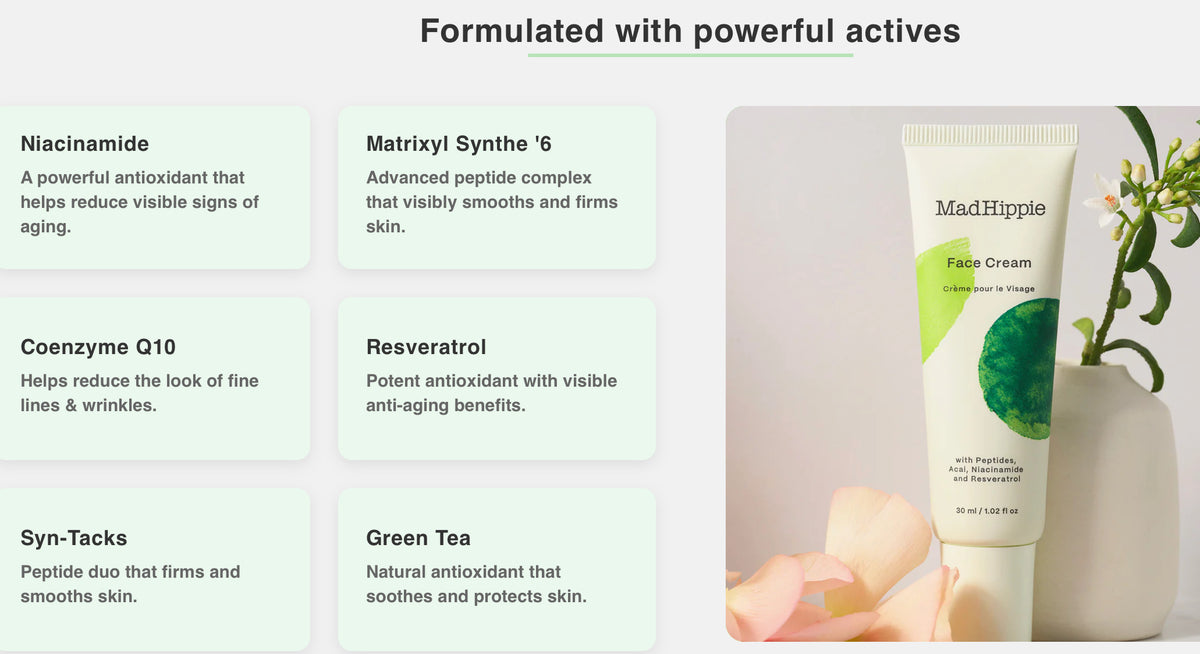 Mad Hippie skincare product with ingredients listed on a white background