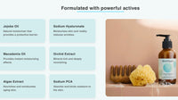 Product packaging with a bottle and sponge on a beach-themed background, featuring text about skincare ingredients.