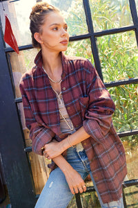 Loose Fit Raw Hem Two-Tone Washed Plaid Shirt