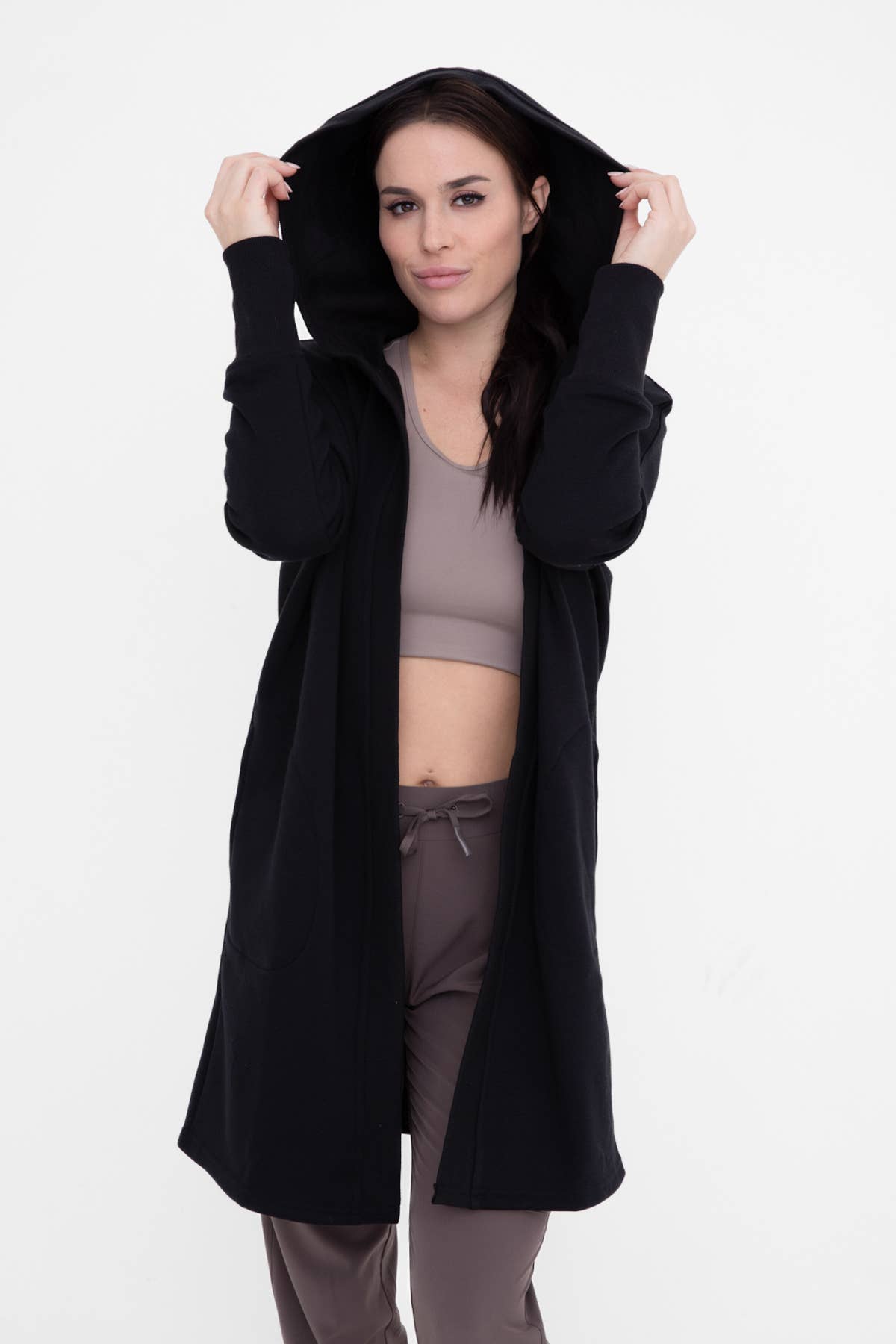 Open Front Longline Hoodie Cardigan with Fleece Lining
