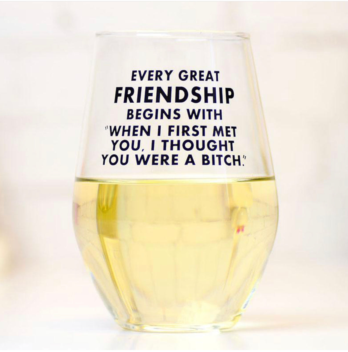 Every great friendship begins with "When we first met I thought you were a total bitch." Wine Glass
