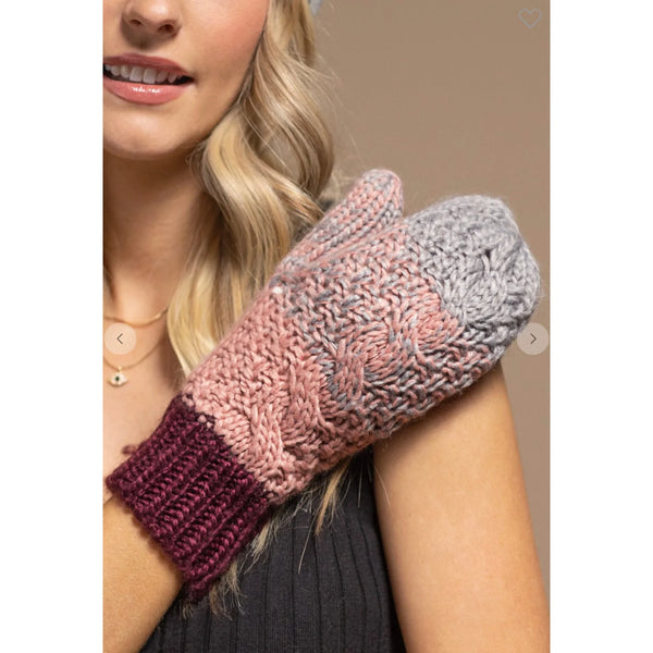 Cable Knit Mittens - Mauve / Grey